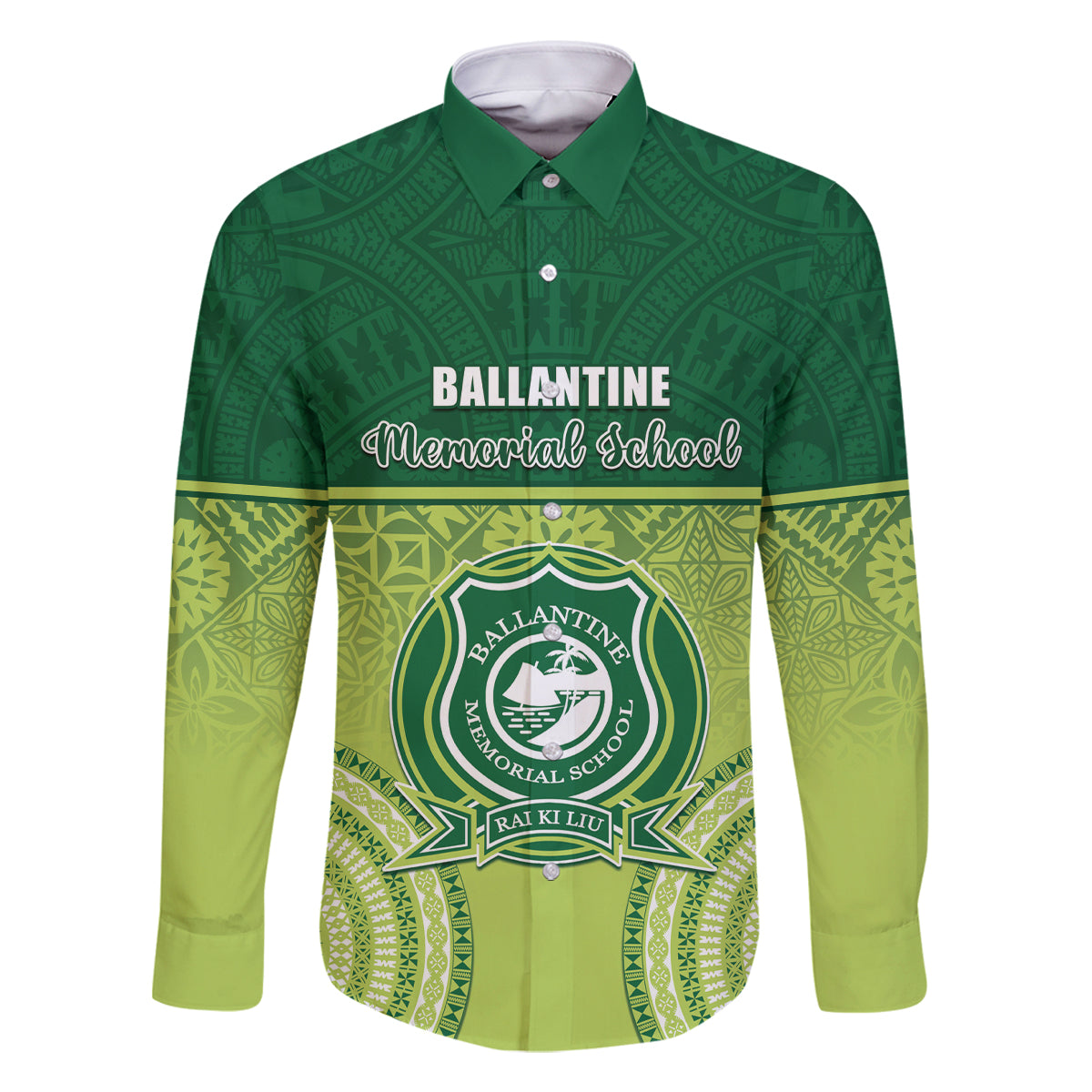 Personalised Ballantine Memorial School Family Matching Off The Shoulder Long Sleeve Dress and Hawaiian Shirt With Fijian Tapa Pattern LT05 Dad's Shirt - Long Sleeve Green - Polynesian Pride