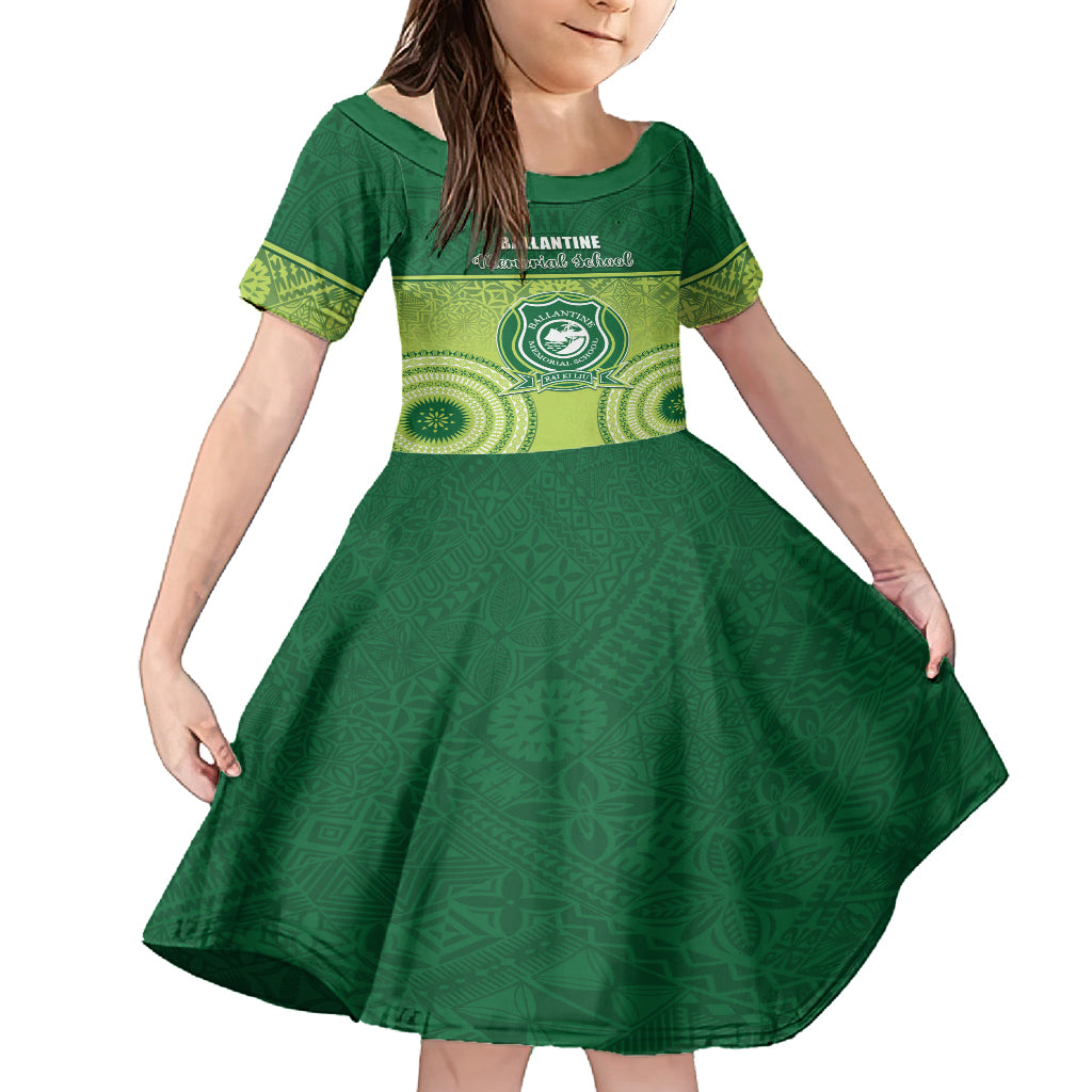 Personalised Ballantine Memorial School Family Matching Off Shoulder Short Dress and Hawaiian Shirt With Fijian Tapa Pattern LT05 Daughter's Dress Green - Polynesian Pride