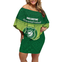 Personalised Ballantine Memorial School Family Matching Off Shoulder Short Dress and Hawaiian Shirt With Fijian Tapa Pattern LT05 Mom's Dress Green - Polynesian Pride
