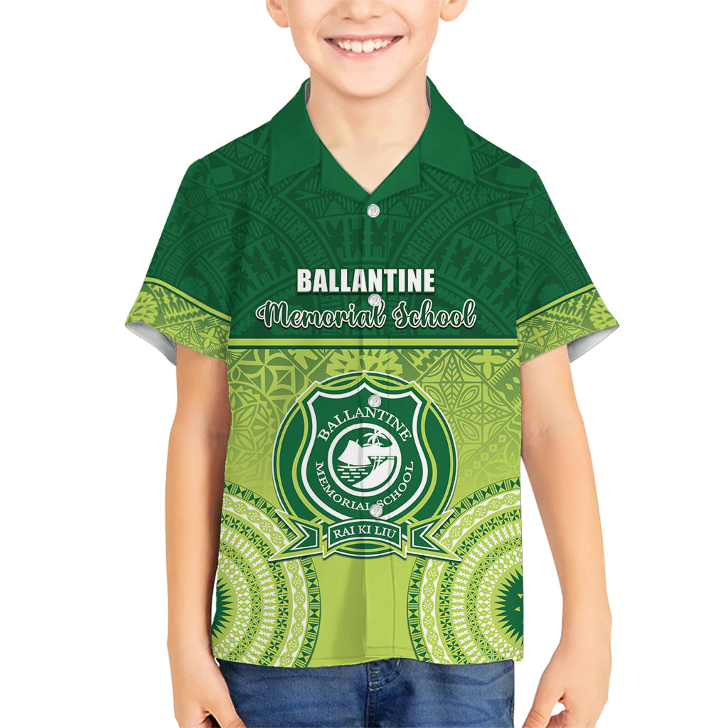Personalised Ballantine Memorial School Family Matching Off Shoulder Short Dress and Hawaiian Shirt With Fijian Tapa Pattern LT05 Son's Shirt Green - Polynesian Pride