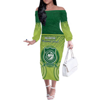 Personalised Ballantine Memorial School Off The Shoulder Long Sleeve Dress With Fijian Tapa Pattern LT05 Women Green - Polynesian Pride