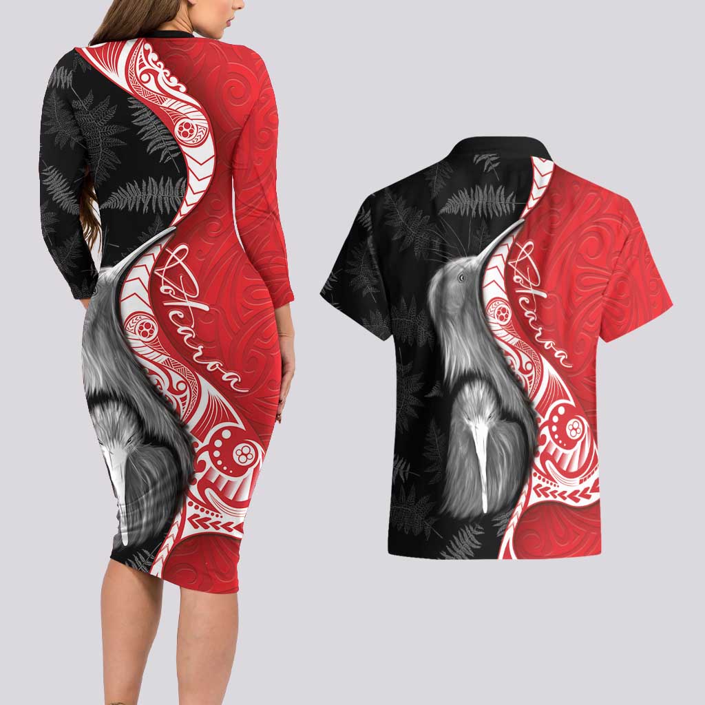 New Zealand Aotearoa Couples Matching Long Sleeve Bodycon Dress and Hawaiian Shirt Kiwi Fern Maori Pattern Red Version LT05 - Polynesian Pride