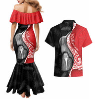 New Zealand Aotearoa Couples Matching Mermaid Dress and Hawaiian Shirt Kiwi Fern Maori Pattern Red Version LT05 - Polynesian Pride