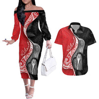 New Zealand Aotearoa Couples Matching Off The Shoulder Long Sleeve Dress and Hawaiian Shirt Kiwi Fern Maori Pattern Red Version LT05 Red - Polynesian Pride