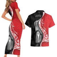 New Zealand Aotearoa Couples Matching Short Sleeve Bodycon Dress and Hawaiian Shirt Kiwi Fern Maori Pattern Red Version LT05 - Polynesian Pride