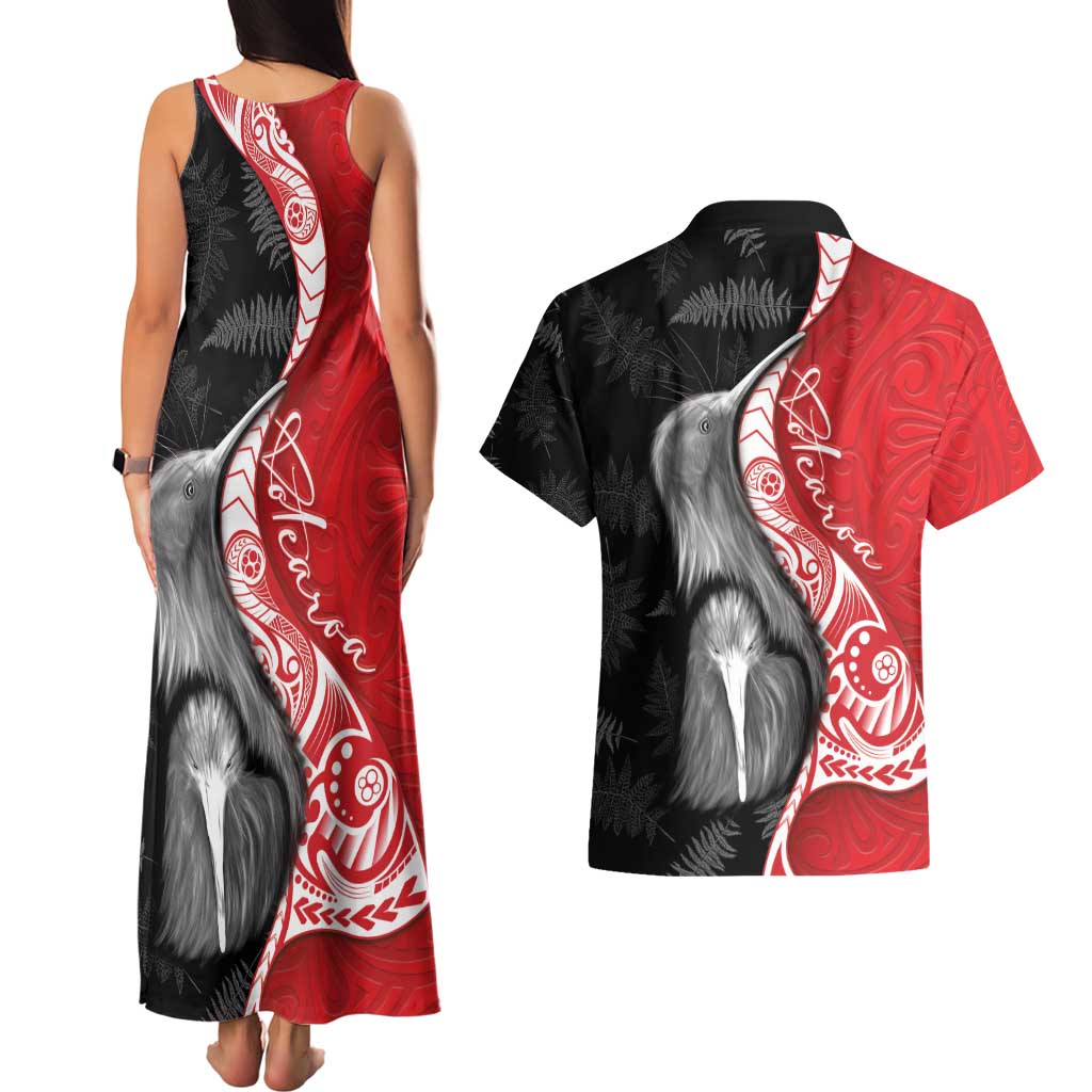 New Zealand Aotearoa Couples Matching Tank Maxi Dress and Hawaiian Shirt Kiwi Fern Maori Pattern Red Version LT05 - Polynesian Pride