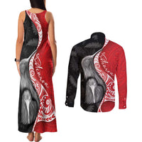 New Zealand Aotearoa Couples Matching Tank Maxi Dress and Long Sleeve Button Shirt Kiwi Fern Maori Pattern Red Version