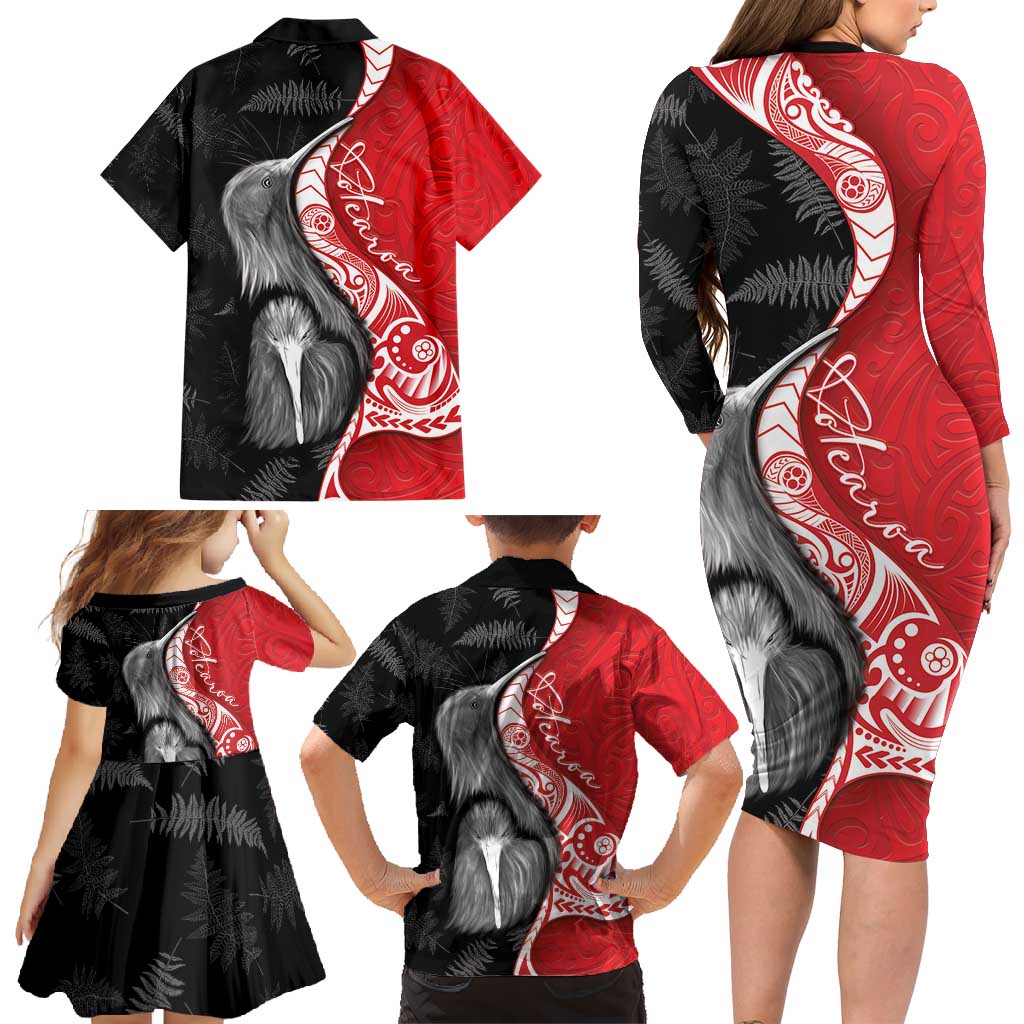 New Zealand Aotearoa Family Matching Long Sleeve Bodycon Dress and Hawaiian Shirt Kiwi Fern Maori Pattern Red Version LT05 - Polynesian Pride
