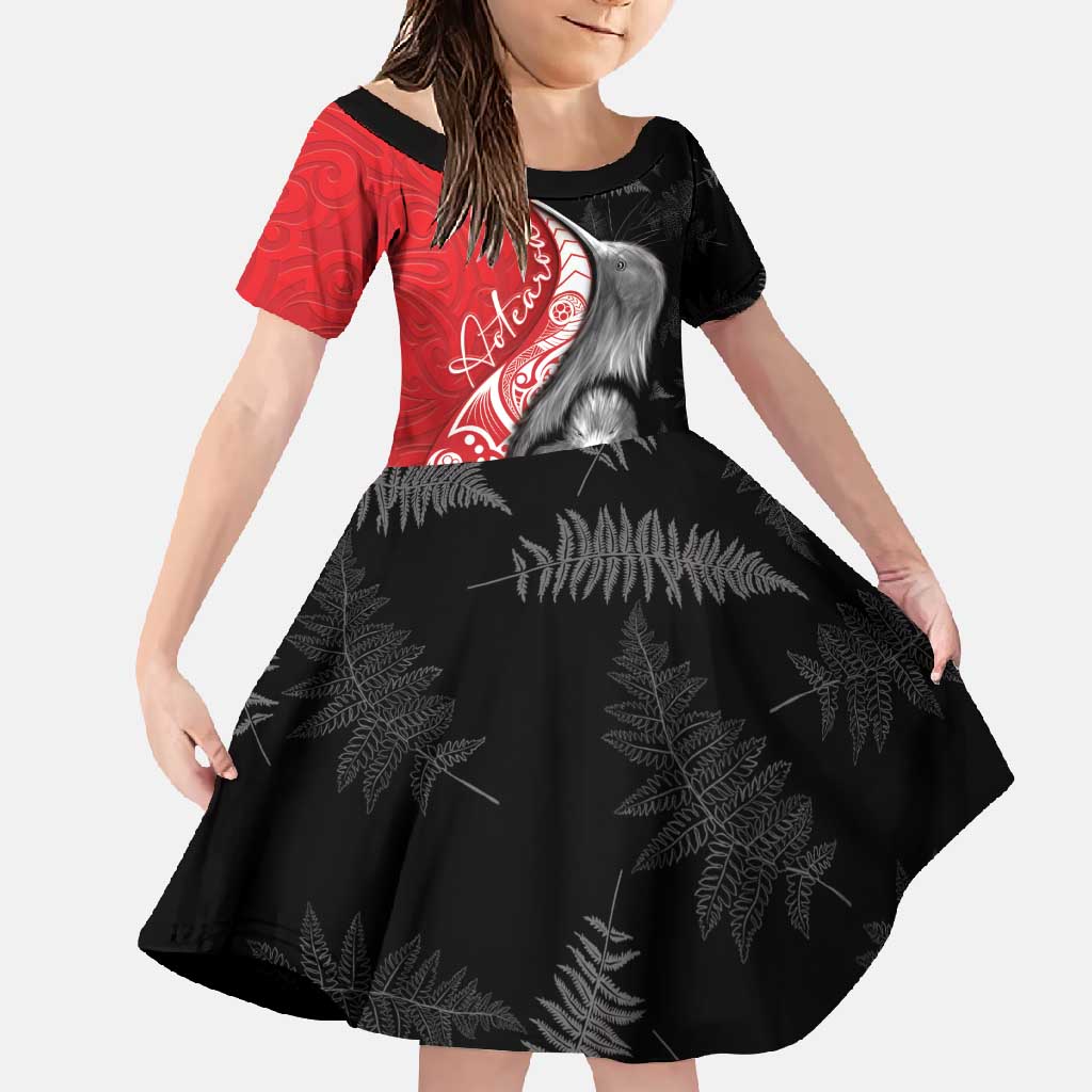 New Zealand Aotearoa Family Matching Mermaid Dress and Hawaiian Shirt Kiwi Fern Maori Pattern Red Version LT05 Daughter's Dress Red - Polynesian Pride