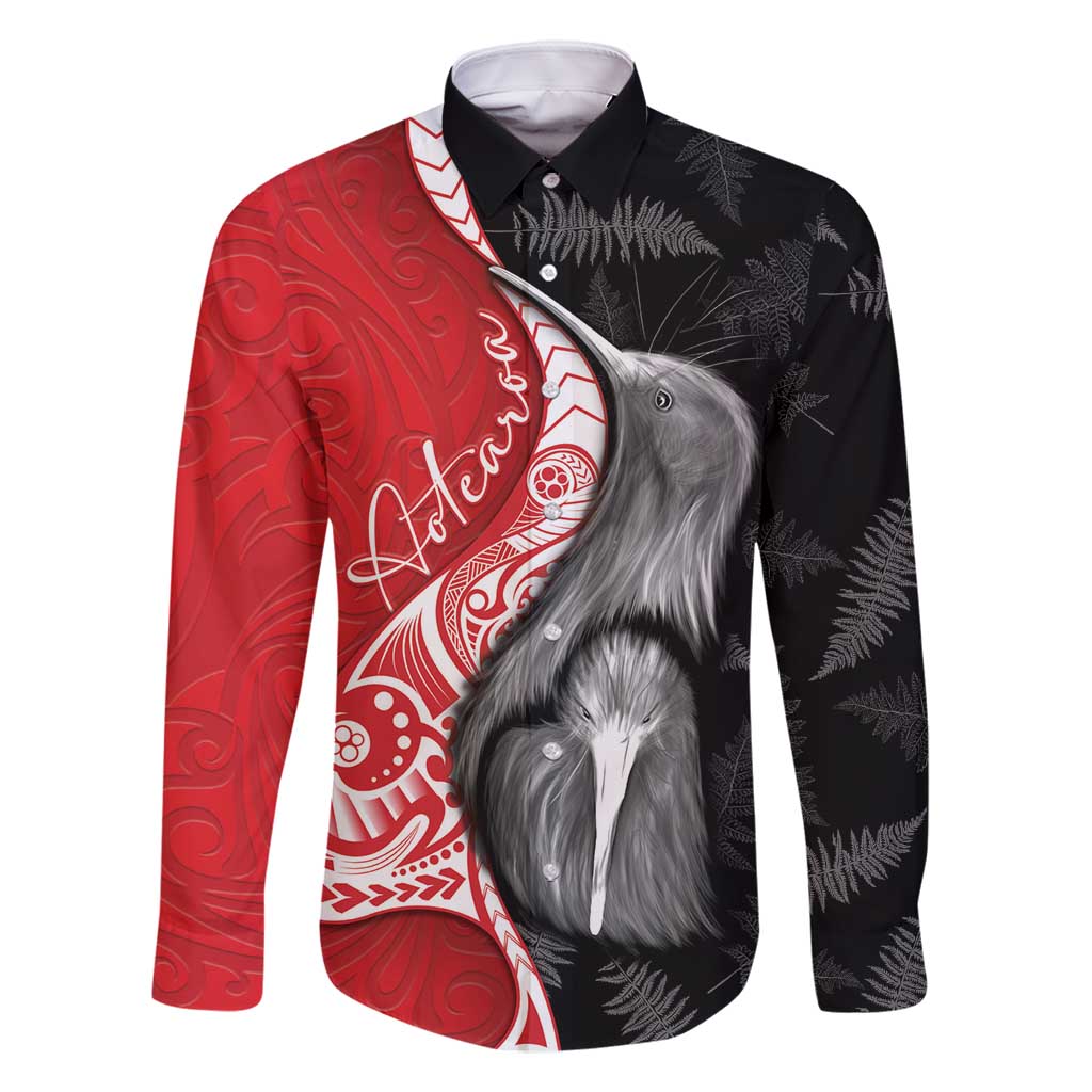 New Zealand Aotearoa Family Matching Mermaid Dress and Hawaiian Shirt Kiwi Fern Maori Pattern Red Version LT05 Dad's Shirt - Long Sleeve Red - Polynesian Pride