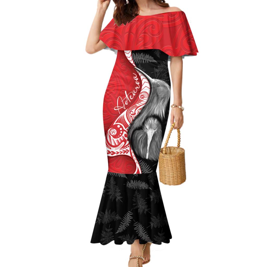 New Zealand Aotearoa Family Matching Mermaid Dress and Hawaiian Shirt Kiwi Fern Maori Pattern Red Version LT05 Mom's Dress Red - Polynesian Pride