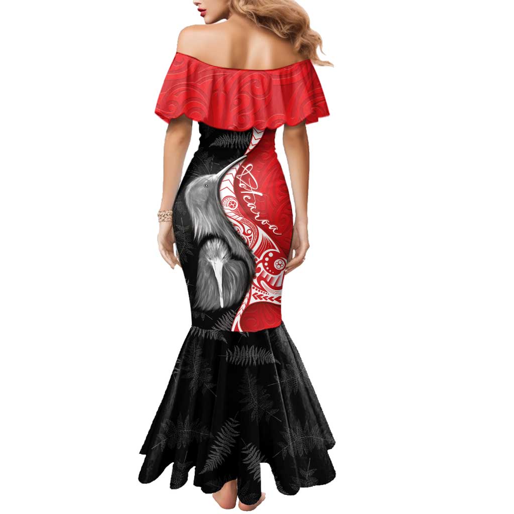 New Zealand Aotearoa Family Matching Mermaid Dress and Hawaiian Shirt Kiwi Fern Maori Pattern Red Version LT05 - Polynesian Pride