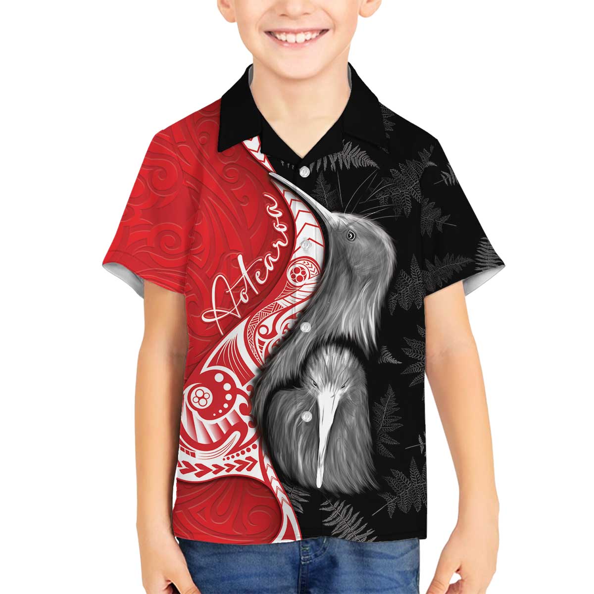 New Zealand Aotearoa Family Matching Off The Shoulder Long Sleeve Dress and Hawaiian Shirt Kiwi Fern Maori Pattern Red Version LT05 Son's Shirt Red - Polynesian Pride