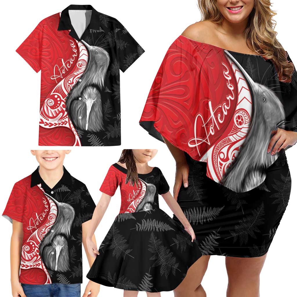 New Zealand Aotearoa Family Matching Off Shoulder Short Dress and Hawaiian Shirt Kiwi Fern Maori Pattern Red Version LT05 - Polynesian Pride
