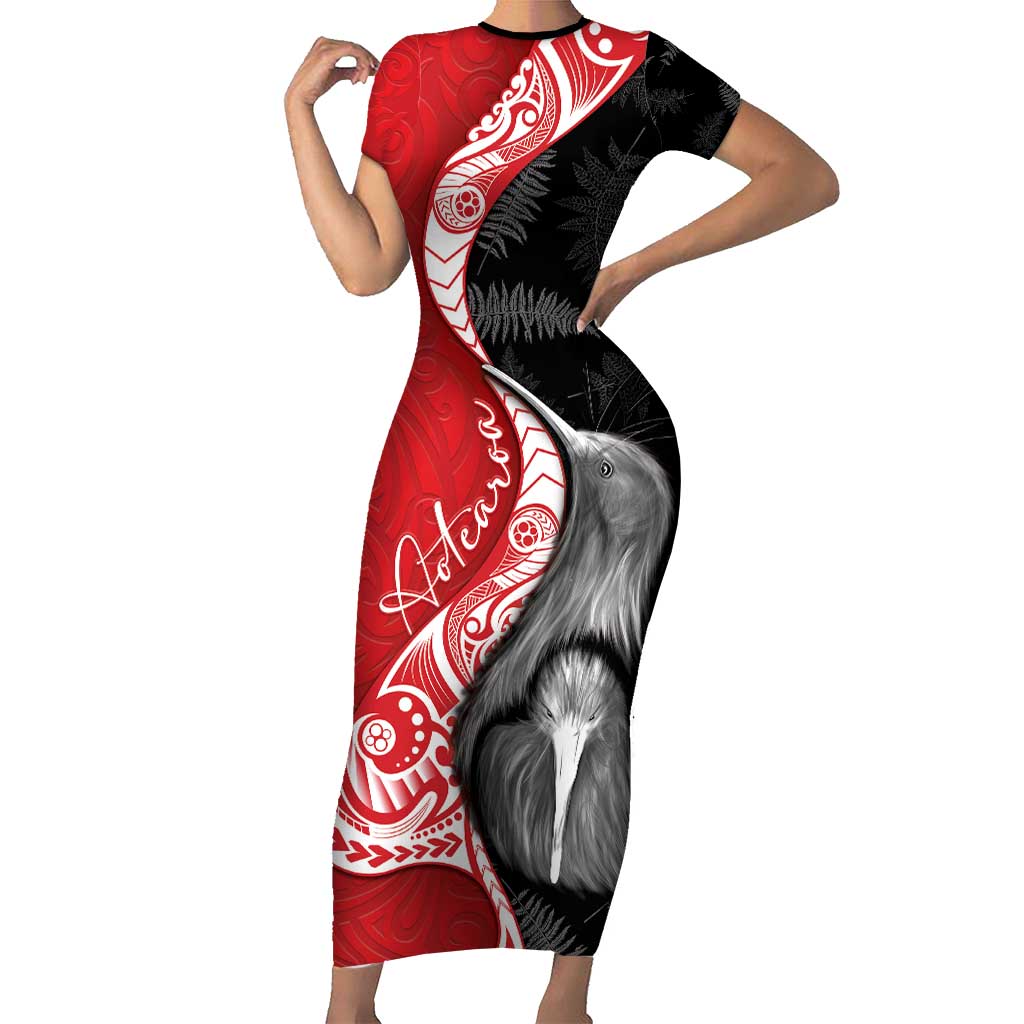 New Zealand Aotearoa Family Matching Short Sleeve Bodycon Dress and Hawaiian Shirt Kiwi Fern Maori Pattern Red Version LT05 Mom's Dress Red - Polynesian Pride