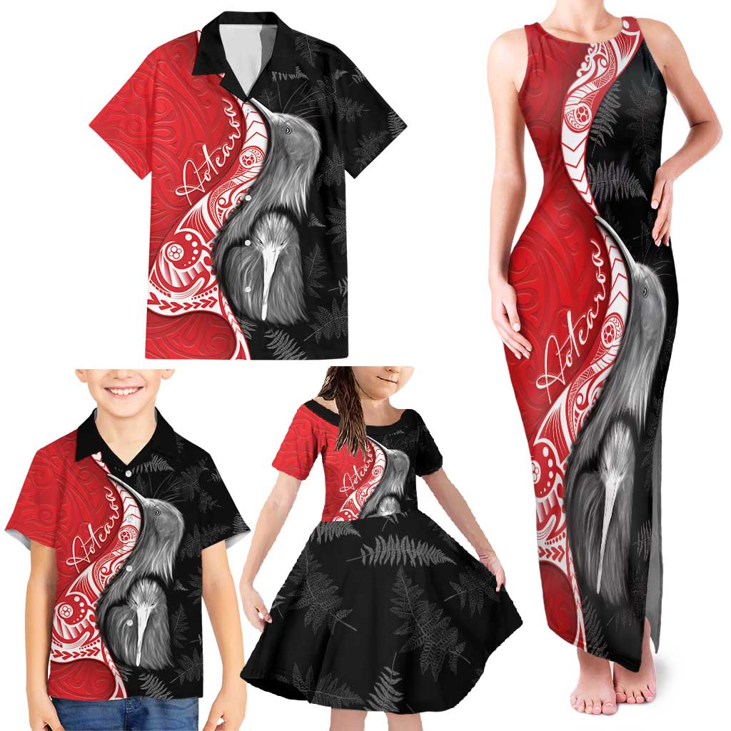 New Zealand Aotearoa Family Matching Tank Maxi Dress and Hawaiian Shirt Kiwi Fern Maori Pattern Red Version LT05 - Polynesian Pride
