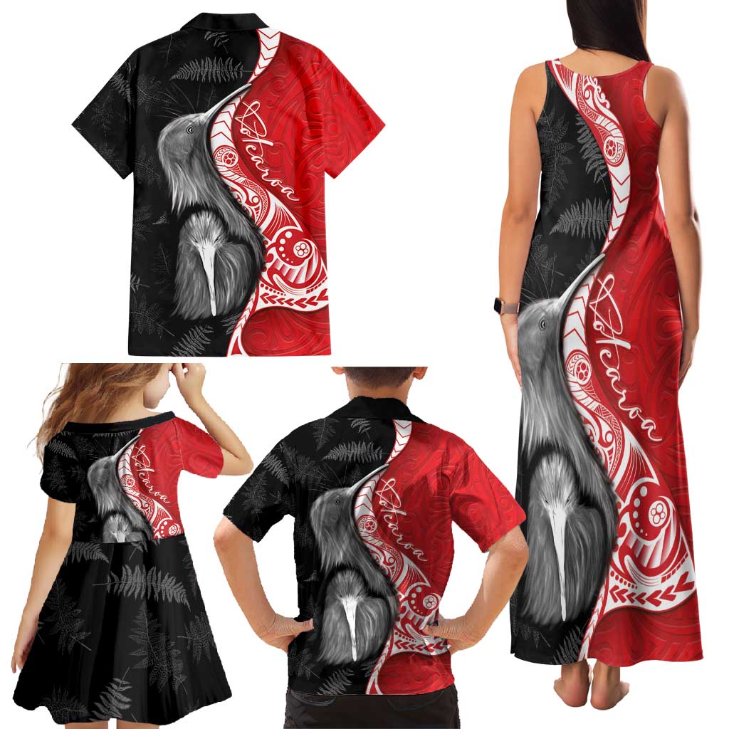 New Zealand Aotearoa Family Matching Tank Maxi Dress and Hawaiian Shirt Kiwi Fern Maori Pattern Red Version LT05 - Polynesian Pride