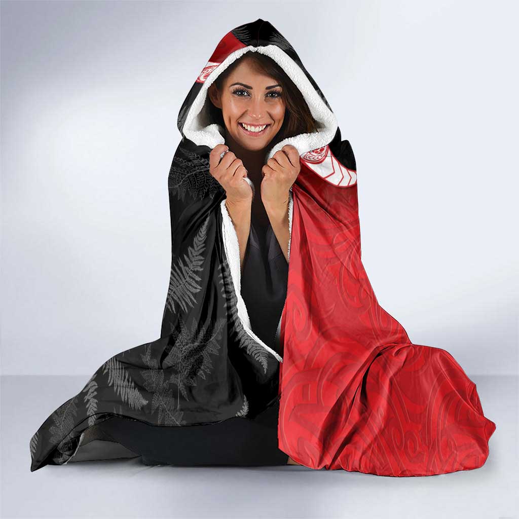 New Zealand Aotearoa Hooded Blanket Kiwi Fern Maori Pattern Red Version