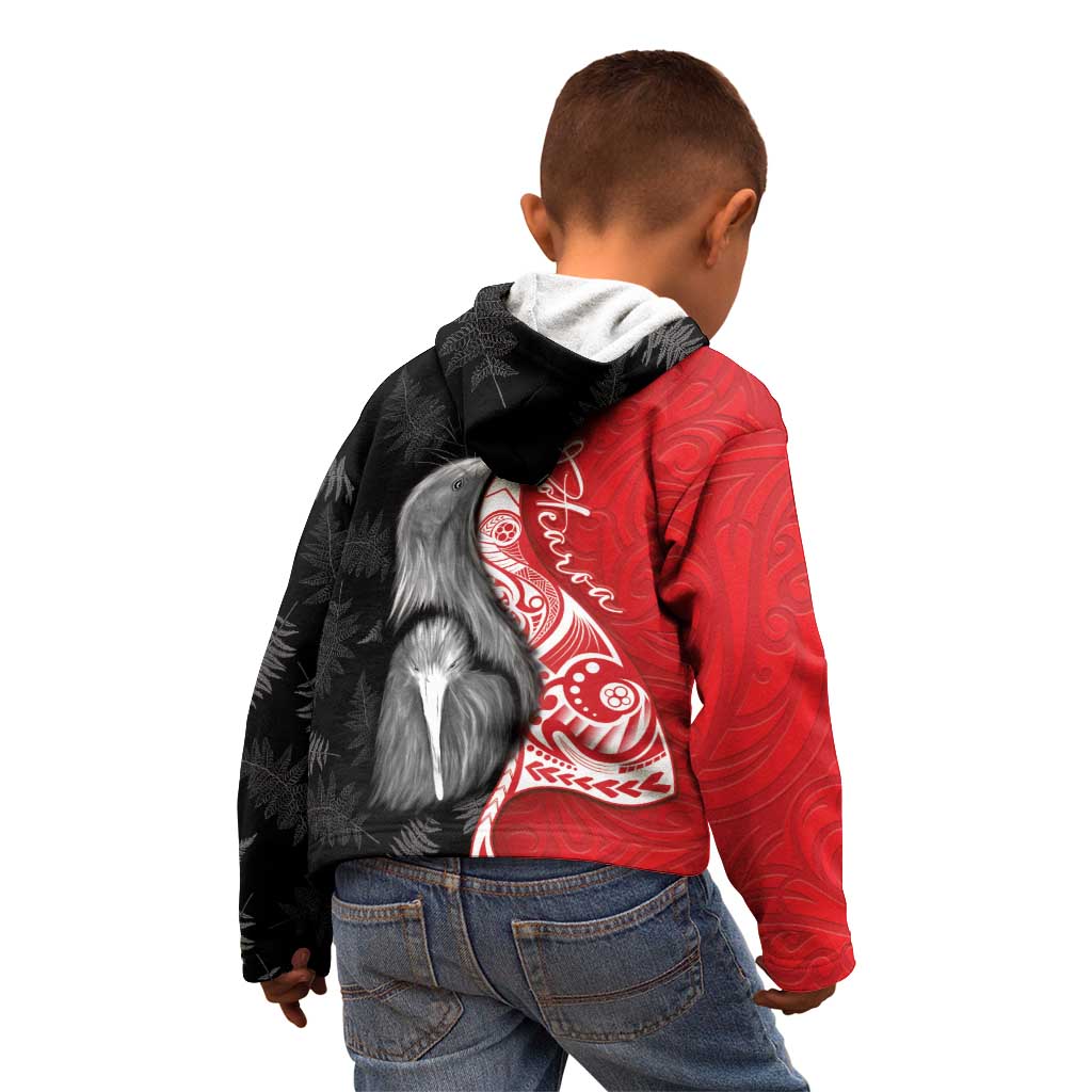 New Zealand Aotearoa Kid Hoodie Kiwi Fern Maori Pattern Red Version