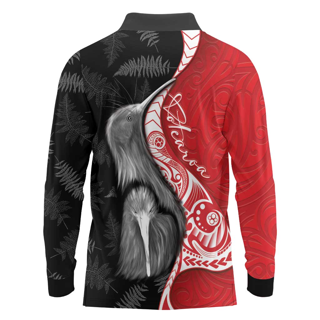 New Zealand Aotearoa Long Sleeve Polo Shirt Kiwi Fern Maori Pattern Red Version