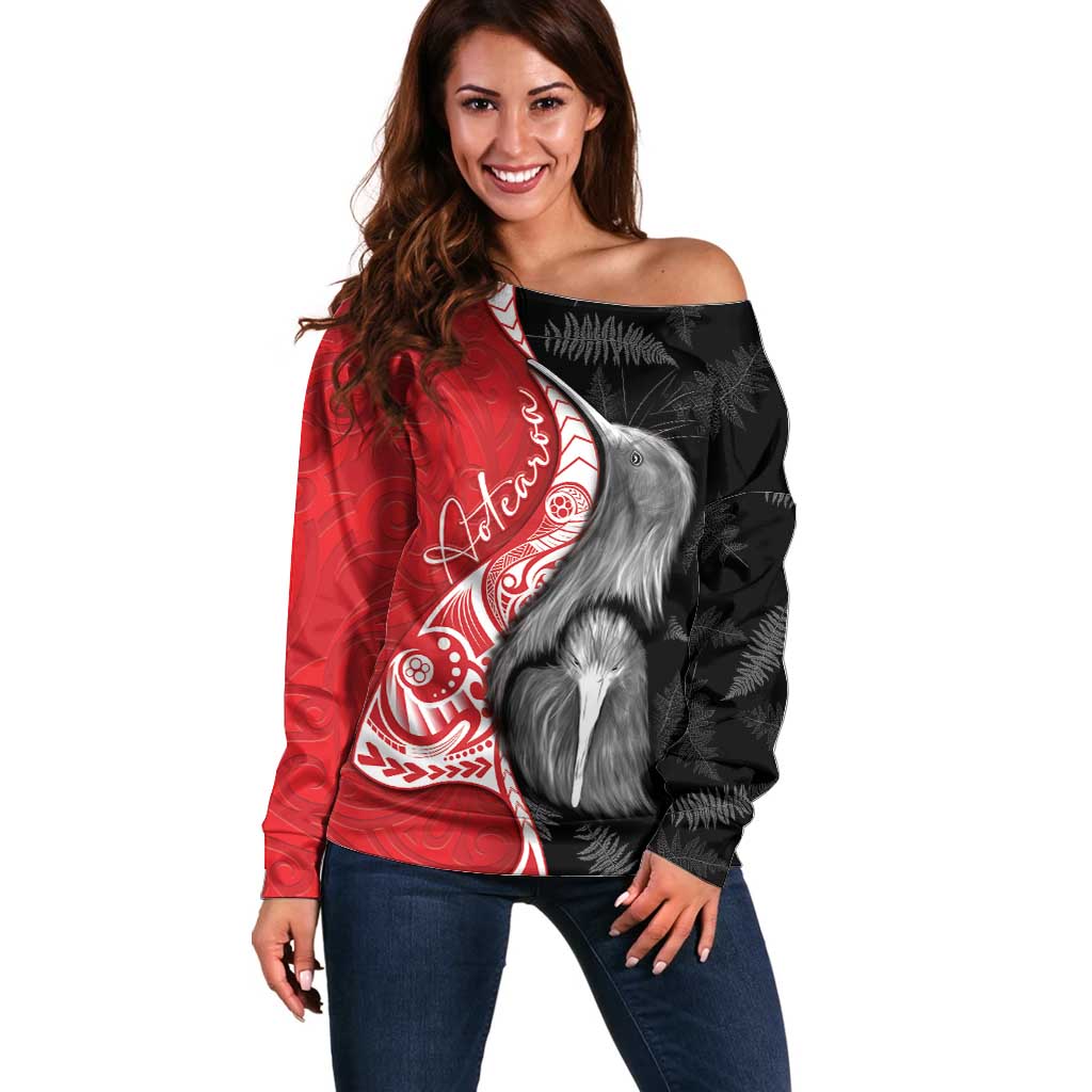 New Zealand Aotearoa Off Shoulder Sweater Kiwi Fern Maori Pattern Red Version