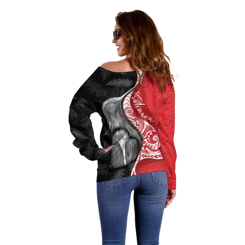 New Zealand Aotearoa Off Shoulder Sweater Kiwi Fern Maori Pattern Red Version