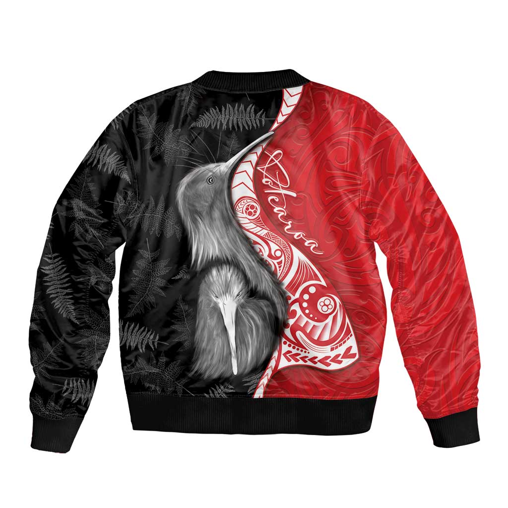 New Zealand Aotearoa Sleeve Zip Bomber Jacket Kiwi Fern Maori Pattern Red Version