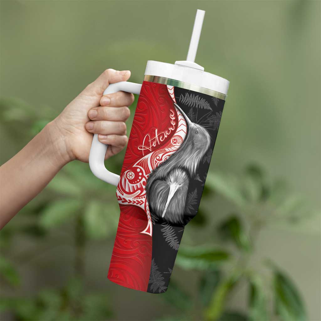 New Zealand Aotearoa Tumbler With Handle Kiwi Fern Maori Pattern Red Version LT05 - Polynesian Pride
