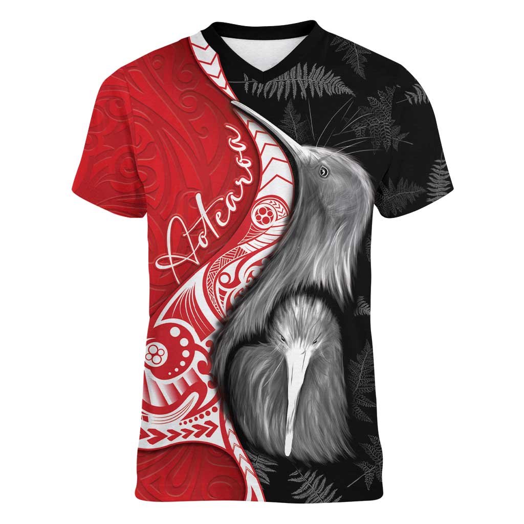 New Zealand Aotearoa Women V-Neck T-Shirt Kiwi Fern Maori Pattern Red Version