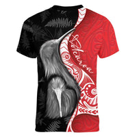New Zealand Aotearoa Women V-Neck T-Shirt Kiwi Fern Maori Pattern Red Version