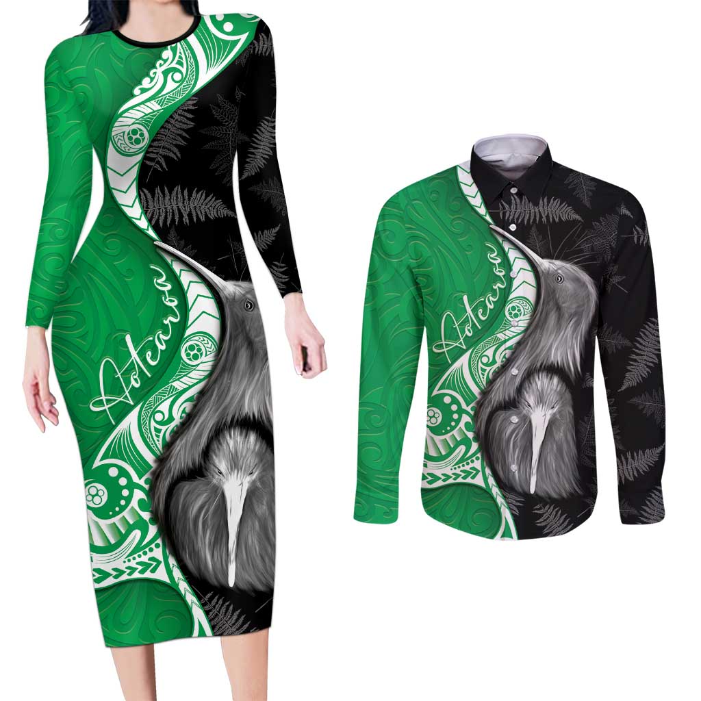 New Zealand Aotearoa Couples Matching Long Sleeve Bodycon Dress and Long Sleeve Button Shirt Kiwi Fern Maori Pattern Green Version LT05 Green - Polynesian Pride
