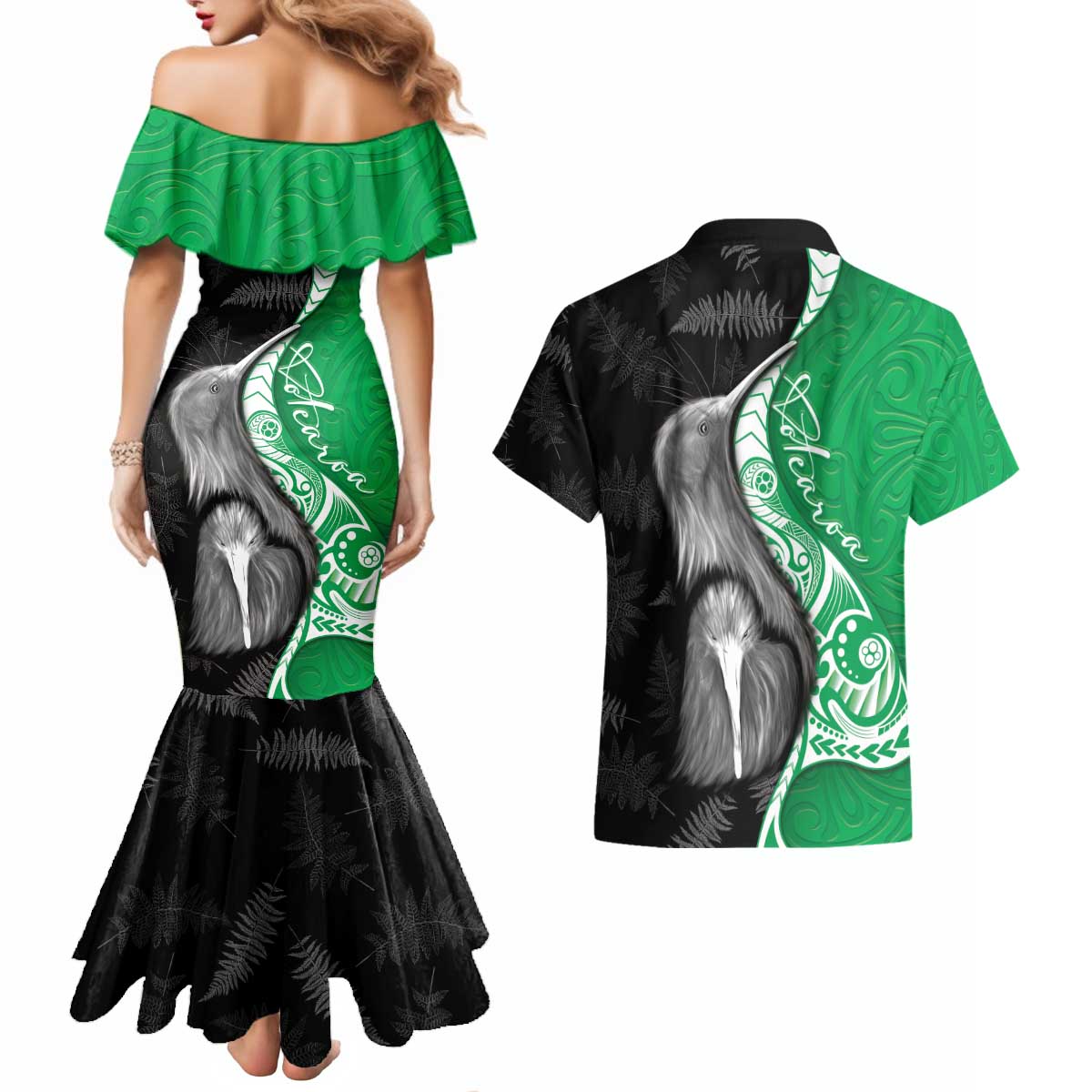 New Zealand Aotearoa Couples Matching Mermaid Dress and Hawaiian Shirt Kiwi Fern Maori Pattern Green Version LT05 - Polynesian Pride