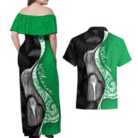 New Zealand Aotearoa Couples Matching Off Shoulder Maxi Dress and Hawaiian Shirt Kiwi Fern Maori Pattern Green Version LT05 - Polynesian Pride