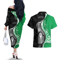 New Zealand Aotearoa Couples Matching Off The Shoulder Long Sleeve Dress and Hawaiian Shirt Kiwi Fern Maori Pattern Green Version LT05 - Polynesian Pride