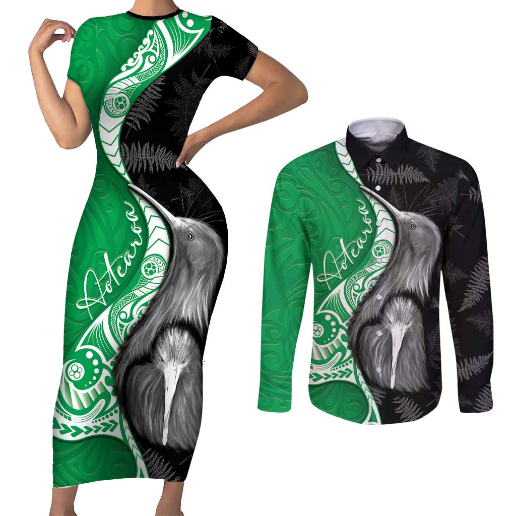 New Zealand Aotearoa Couples Matching Short Sleeve Bodycon Dress and Long Sleeve Button Shirt Kiwi Fern Maori Pattern Green Version LT05 Green - Polynesian Pride