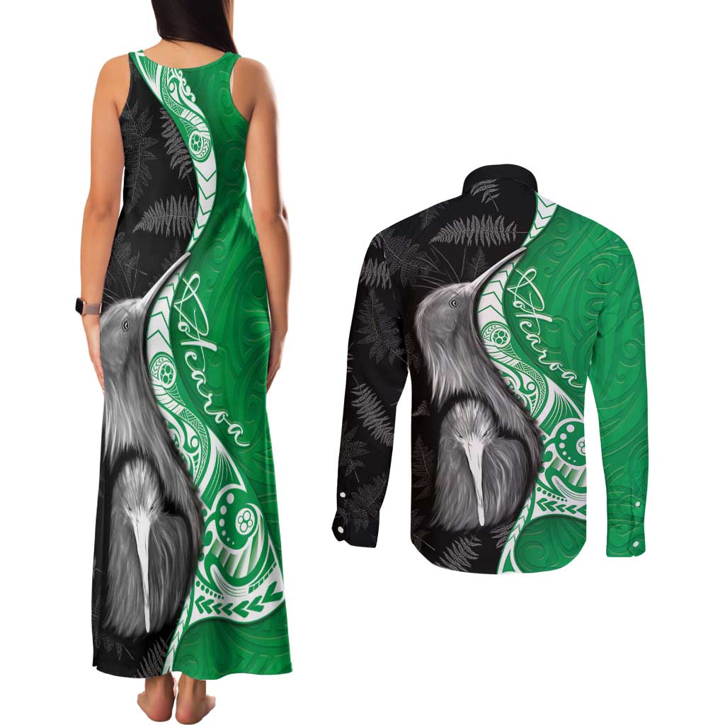 New Zealand Aotearoa Couples Matching Tank Maxi Dress and Long Sleeve Button Shirt Kiwi Fern Maori Pattern Green Version