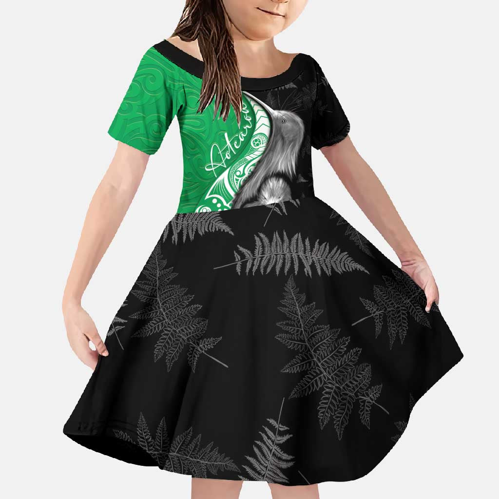 New Zealand Aotearoa Family Matching Long Sleeve Bodycon Dress and Hawaiian Shirt Kiwi Fern Maori Pattern Green Version LT05 Daughter's Dress Green - Polynesian Pride