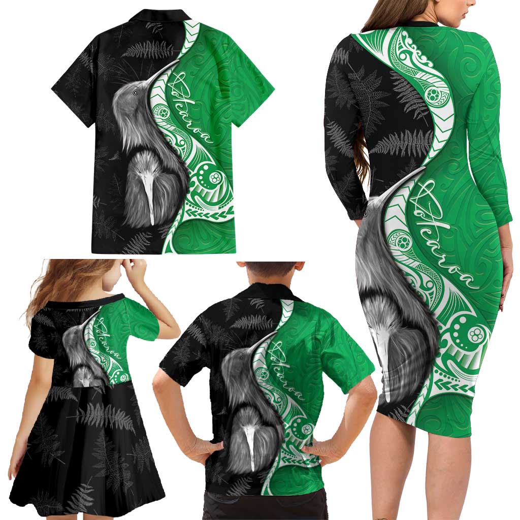 New Zealand Aotearoa Family Matching Long Sleeve Bodycon Dress and Hawaiian Shirt Kiwi Fern Maori Pattern Green Version LT05 - Polynesian Pride