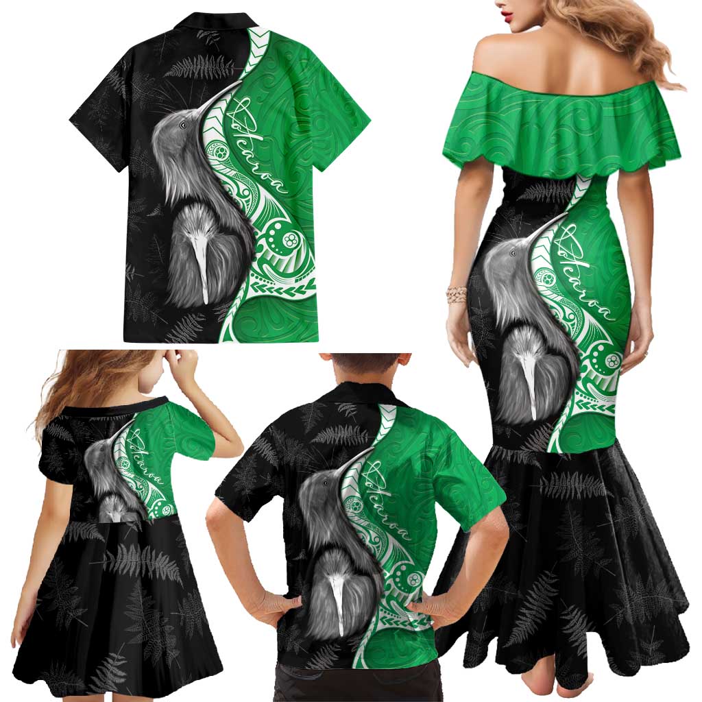 New Zealand Aotearoa Family Matching Mermaid Dress and Hawaiian Shirt Kiwi Fern Maori Pattern Green Version LT05 - Polynesian Pride