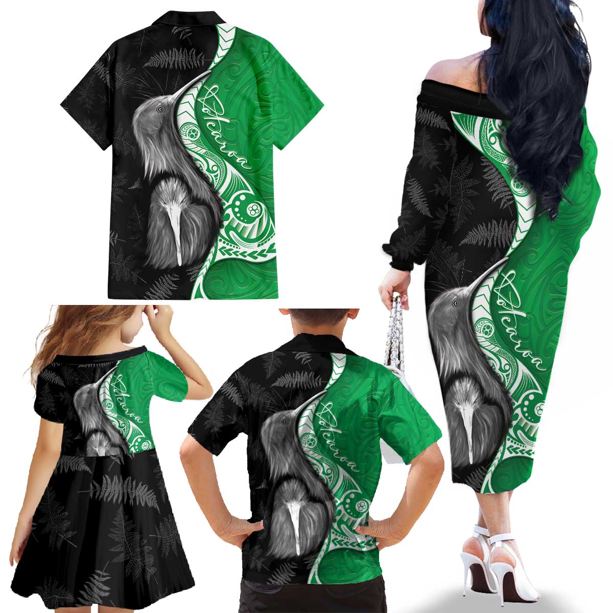 New Zealand Aotearoa Family Matching Off The Shoulder Long Sleeve Dress and Hawaiian Shirt Kiwi Fern Maori Pattern Green Version LT05 - Polynesian Pride