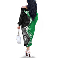 New Zealand Aotearoa Family Matching Off The Shoulder Long Sleeve Dress and Hawaiian Shirt Kiwi Fern Maori Pattern Green Version LT05 - Polynesian Pride