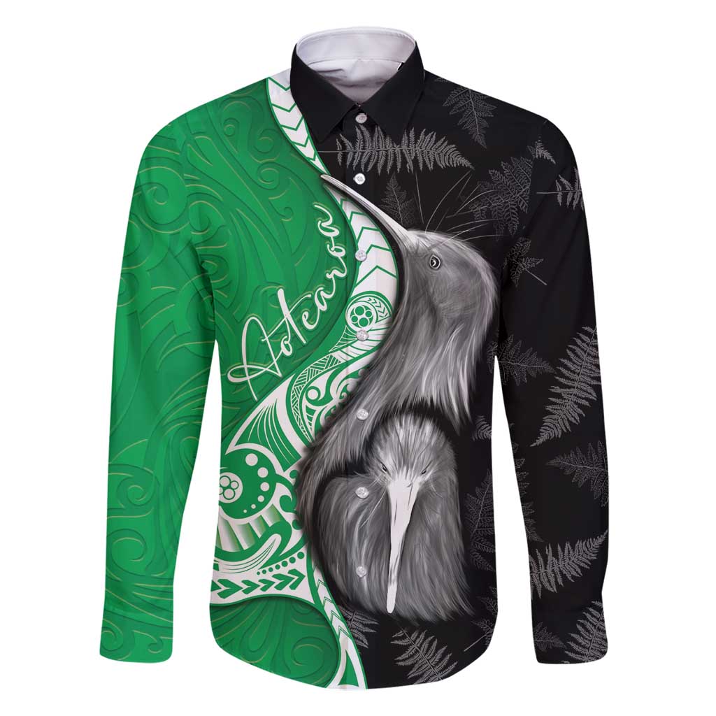 New Zealand Aotearoa Family Matching Off Shoulder Maxi Dress and Hawaiian Shirt Kiwi Fern Maori Pattern Green Version LT05 Dad's Shirt - Long Sleeve Green - Polynesian Pride