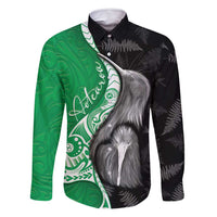 New Zealand Aotearoa Family Matching Off Shoulder Maxi Dress and Hawaiian Shirt Kiwi Fern Maori Pattern Green Version LT05 Dad's Shirt - Long Sleeve Green - Polynesian Pride
