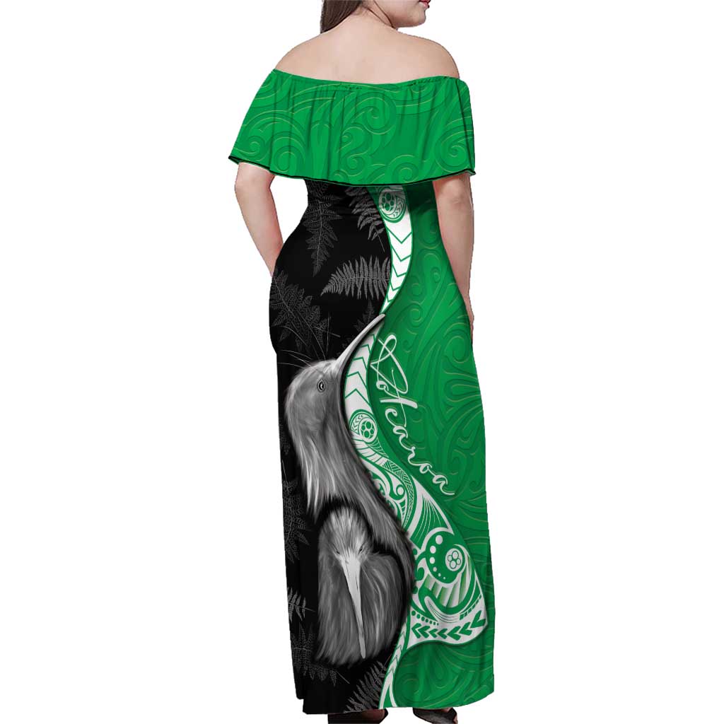 New Zealand Aotearoa Family Matching Off Shoulder Maxi Dress and Hawaiian Shirt Kiwi Fern Maori Pattern Green Version LT05 - Polynesian Pride