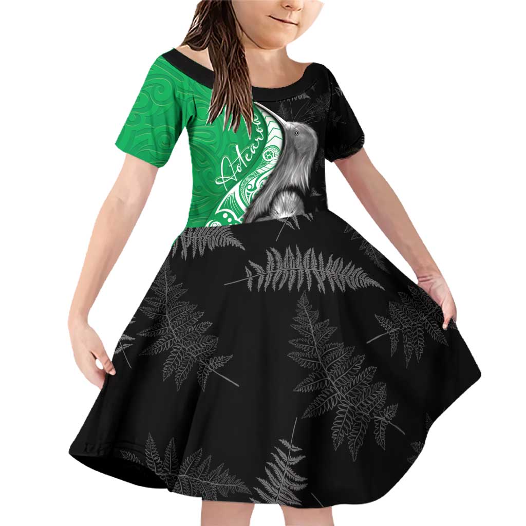 New Zealand Aotearoa Family Matching Off Shoulder Short Dress and Hawaiian Shirt Kiwi Fern Maori Pattern Green Version LT05 Daughter's Dress Green - Polynesian Pride