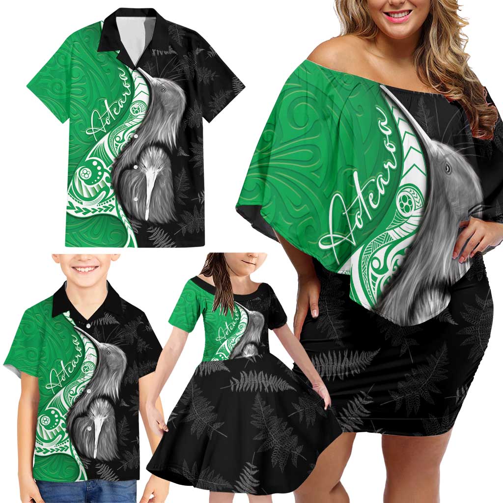 New Zealand Aotearoa Family Matching Off Shoulder Short Dress and Hawaiian Shirt Kiwi Fern Maori Pattern Green Version LT05 - Polynesian Pride