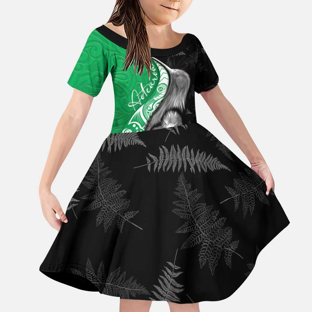 New Zealand Aotearoa Family Matching Puletasi and Hawaiian Shirt Kiwi Fern Maori Pattern Green Version LT05 Daughter's Dress Green - Polynesian Pride