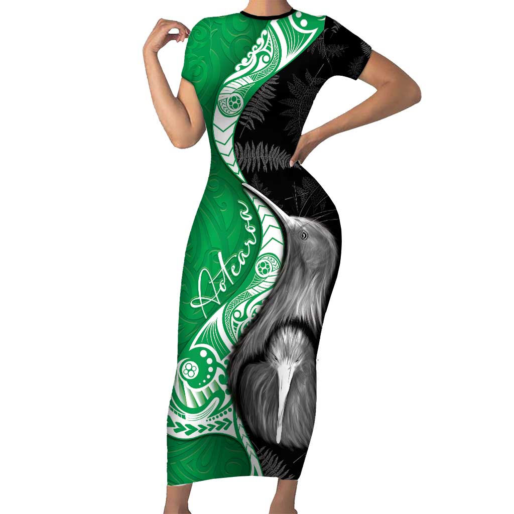 New Zealand Aotearoa Family Matching Short Sleeve Bodycon Dress and Hawaiian Shirt Kiwi Fern Maori Pattern Green Version LT05 Mom's Dress Green - Polynesian Pride