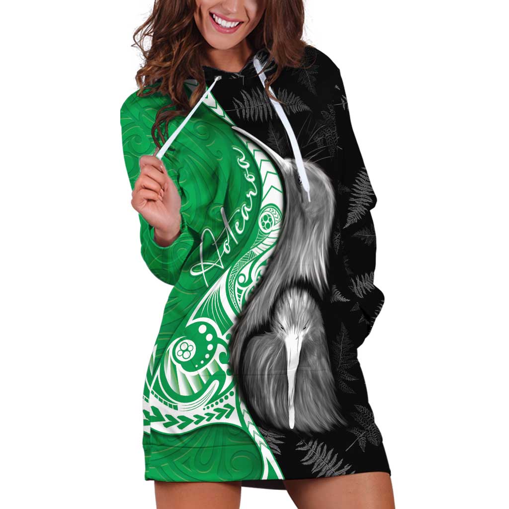 New Zealand Aotearoa Hoodie Dress Kiwi Fern Maori Pattern Green Version