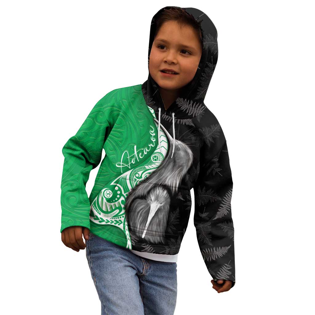 New Zealand Aotearoa Kid Hoodie Kiwi Fern Maori Pattern Green Version